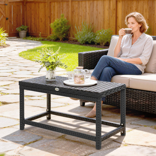 Outdoor Coffee Table, Garden PE Rattan Side Table with Plastic Board Under the Full Woven Table Top and Rectangular Frame for Patio, Balcony, Black