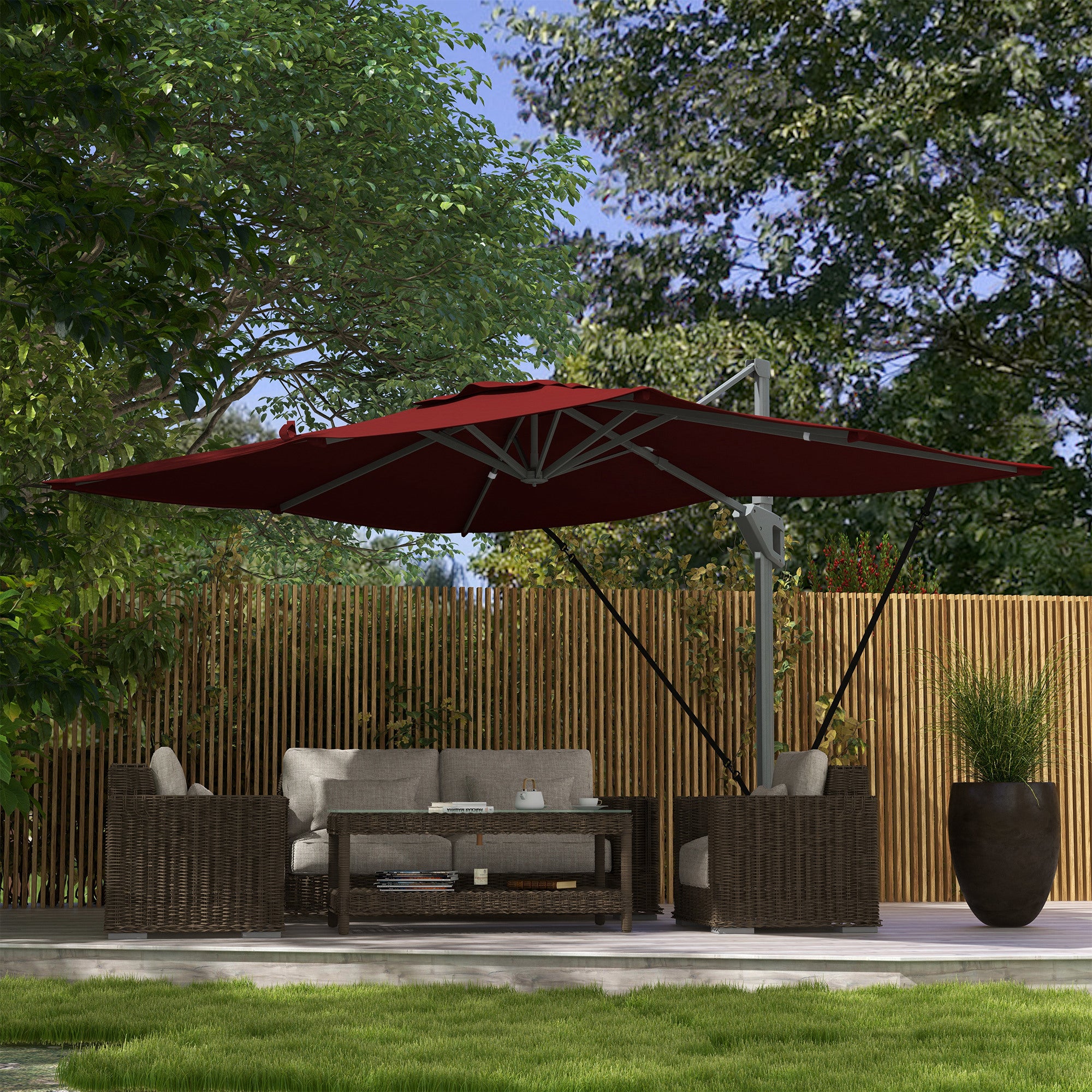 Outsunny 10' x 13' Cantilever Patio Umbrella with Windproof Straps, 4-Position Tilt, 360° Rotation, Red Outsunny 10' x 13' Cantilever Patio Umbrella with Windproof Straps, 4-Position Tilt, 360° Rotation, Red