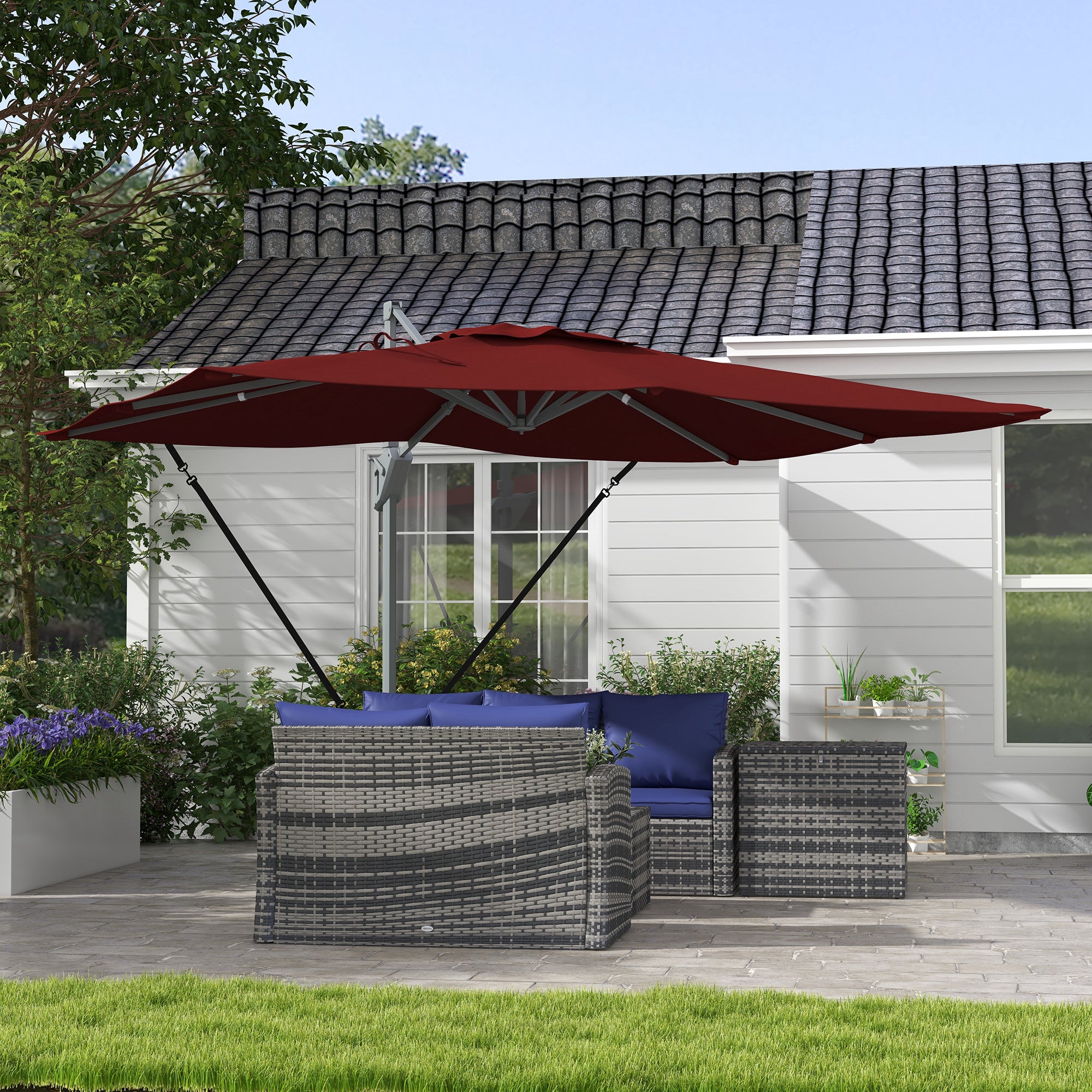 Outsunny 10' x 13' Cantilever Patio Umbrella with Windproof Straps, 4-Position Tilt, 360° Rotation, Red Outsunny 10' x 13' Cantilever Patio Umbrella with Windproof Straps, 4-Position Tilt, 360° Rotation, Red