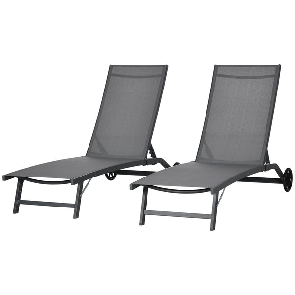 Lounge Chair Outdoor Set of 2 with Wheels, 5-Position Reclining Chaise Lounge Tanning Chair, Breathable Mesh Sun Lounger for Patio, Backyard, Beach, Poolside, Dark Grey