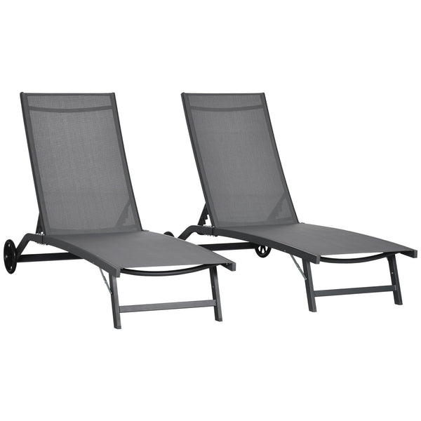 Lounge Chair Outdoor Set of 2 with Wheels, 5-Position Reclining Chaise Lounge Tanning Chair, Breathable Mesh Sun Lounger for Patio, Backyard, Beach, Poolside, Dark Grey