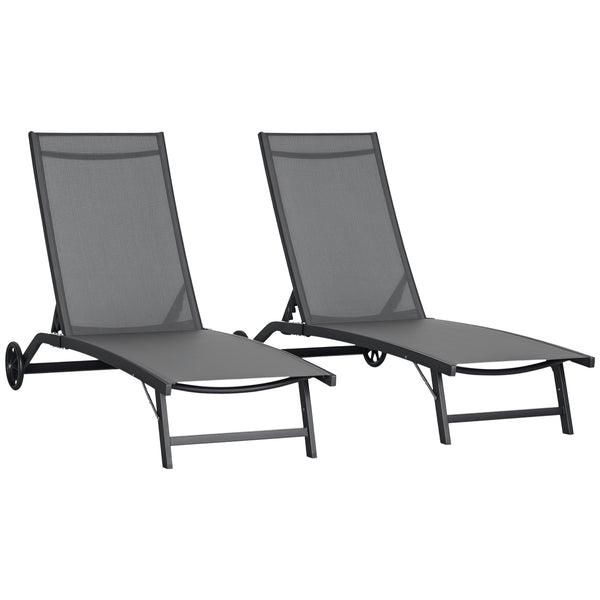 Lounge Chair Outdoor Set of 2 with Wheels, 5-Position Reclining Chaise Lounge Tanning Chair, Breathable Mesh Sun Lounger for Patio, Backyard, Beach, Poolside, Dark Grey