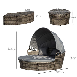 Outdoor PE Rattan Garden Furniture with Cushioned, Patio Wicker Conversation Furniture Set, Round Daybed with Retractable Canopy, Coffee Table and Three Pillows, Dark Grey/Grey