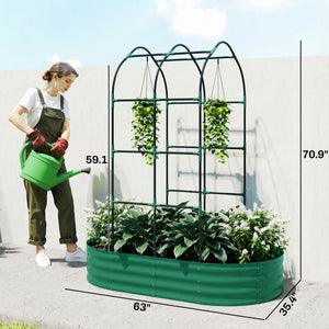 Galvanised Raised Garden Bed with Arched Trellis, 5 x 3 x 6ft Metal Outdoor Planter Box with Open Bottom Design, Modular Raised Bed with Gloves for Vegetable Flower, Easy Assembly, Green