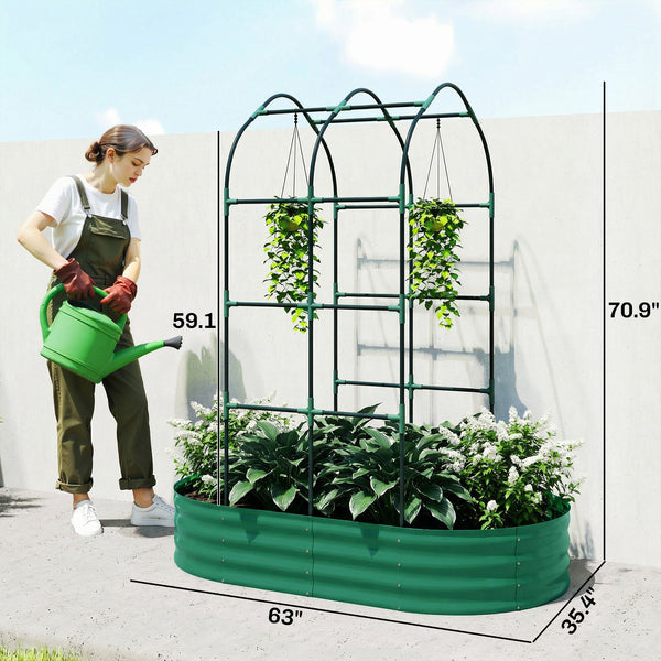 Galvanised Raised Garden Bed with Arched Trellis, 5 x 3 x 6ft Metal Outdoor Planter Box with Open Bottom Design, Modular Raised Bed with Gloves for Vegetable Flower, Easy Assembly, Green