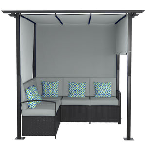 Wicker Patio Furniture, Outdoor PE Rattan Sofa Set with Retractable Canopy Pergola, Shade Shelter for Deck, Pool, Garden, Terrace, Grey