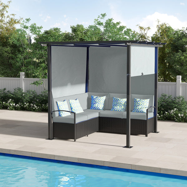 Wicker Patio Furniture, Outdoor PE Rattan Sofa Set with Retractable Canopy Pergola, Shade Shelter for Deck, Pool, Garden, Terrace, Grey