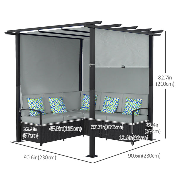 Wicker Patio Furniture, Outdoor PE Rattan Sofa Set with Retractable Canopy Pergola, Shade Shelter for Deck, Pool, Garden, Terrace, Grey