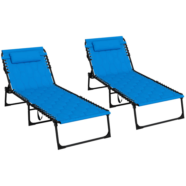 Outsunny Folding Chaise Lounge Set of 2 with 5-level Reclining Back, Outdoor Lounge Tanning Chair with Padded Seat, Side Pocket & Headrest for Beach, Yard, Patio, Blue