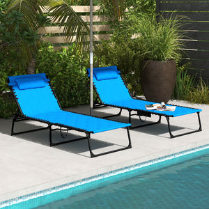 Outsunny Folding Chaise Lounge Set of 2 with 5-level Reclining Back, Outdoor Lounge Tanning Chair with Padded Seat, Side Pocket & Headrest for Beach, Yard, Patio, Blue