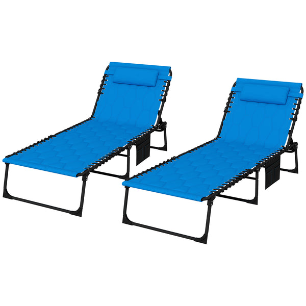 Outsunny Folding Chaise Lounge Set of 2 with 5-level Reclining Back, Outdoor Lounge Tanning Chair with Padded Seat, Side Pocket & Headrest for Beach, Yard, Patio, Blue