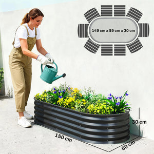 Set of 2 Raised Beds for Garden, Outdoor Galvanised Planter Box with Plant Support Stakes, Rubber Strap Edging and Bottomless for Flower, Vegetable, 150 x 60 x 30 cm, Dark Grey