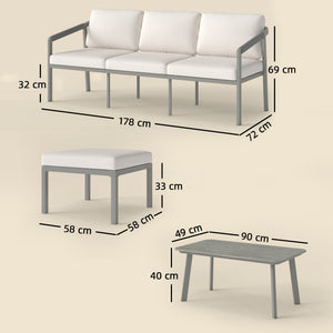 3 Piece Garden Dining Set, Outdoor Patio Furniture with 3 Seater Sofa, Footstool, Coffee Table and Cuhsions, Garden Sofa Set Conversation Furniture for Porch Patio Balcony, Grey