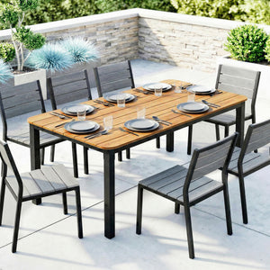 Garden Dining Table for 6-8 Person, 180 x 86 cm Rectangular Outdoor Dining Table with Wood Slatted Top and Steel Frame, All Weather Patio Furniture for Balcony, Porch, Teak