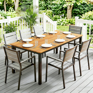 Garden Dining Table for 6-8 Person, 180 x 86 cm Rectangular Outdoor Dining Table with Wood Slatted Top and Steel Frame, All Weather Patio Furniture for Balcony, Porch, Teak