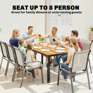 Garden Dining Table for 6-8 Person, 180 x 86 cm Rectangular Outdoor Dining Table with Wood Slatted Top and Steel Frame, All Weather Patio Furniture for Balcony, Porch, Teak