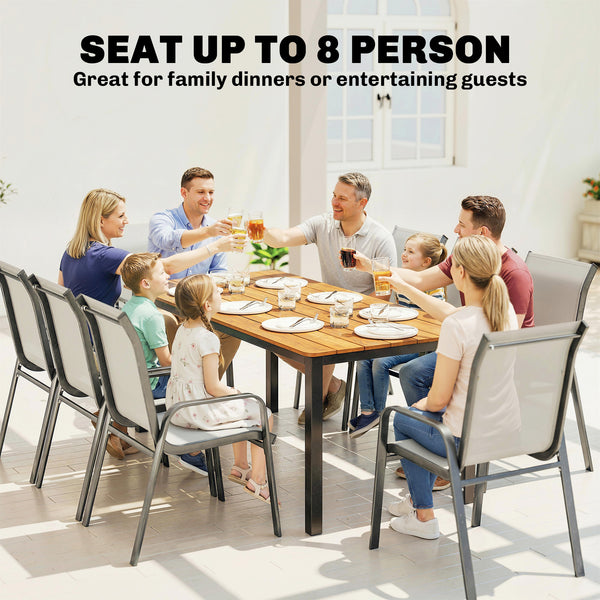 Garden Dining Table for 6-8 Person, 180 x 86 cm Rectangular Outdoor Dining Table with Wood Slatted Top and Steel Frame, All Weather Patio Furniture for Balcony, Porch, Teak