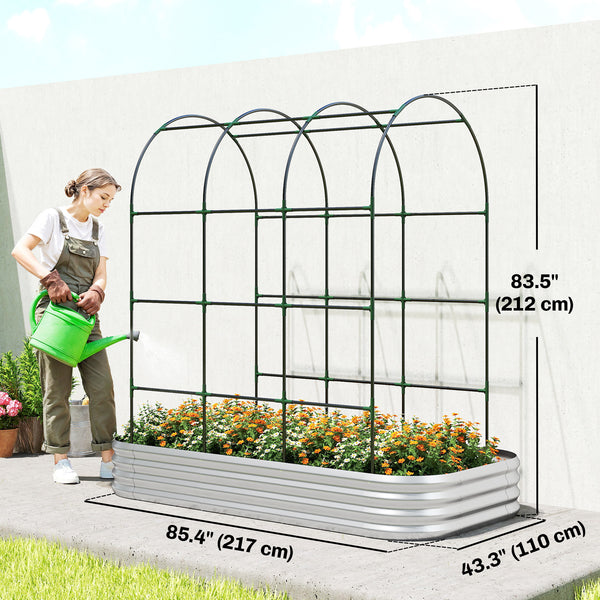 Galvanised Raised Garden Bed with Arched Trellis, 7 x 4 x 7ft Metal Outdoor Planter Box with Open Bottom Design, Modular Raised Bed with Gloves, Easy Assembly, Silver