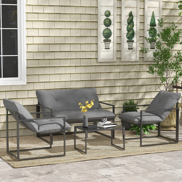 4 Piece Garden Sofa Set 2 Single Armchair, Loveseat and Coffee Table Set Steel Frame Patio Furniture with Thick Cushions, Grey