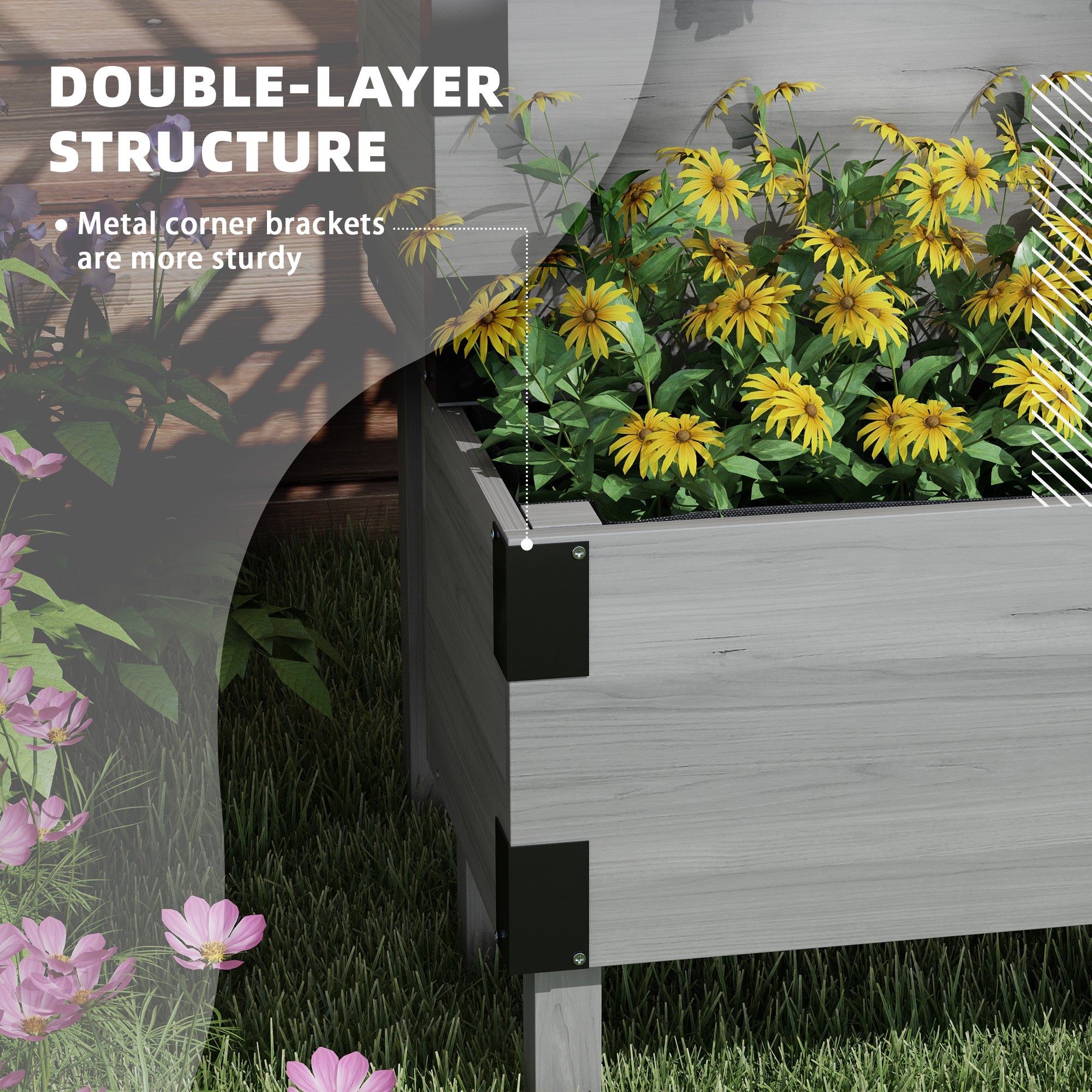 corner garden planter with trellis Outsunny Gray 2-Tier Wooden Raised Garden Bed with Trellis, Elevated Planter Box with Legs and Metal Corners