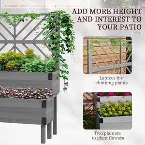 Outsunny Raised Garden Bed with Trellis, 2 Tier Wooden Elevated Planter Box with Legs and Metal Corners for Vegetables, Flowers, Herbs, Gray