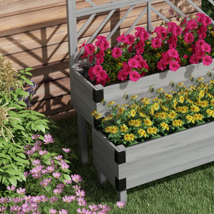 Outsunny Raised Garden Bed with Trellis, 2 Tier Wooden Elevated Planter Box with Legs and Metal Corners for Vegetables, Flowers, Herbs, Gray