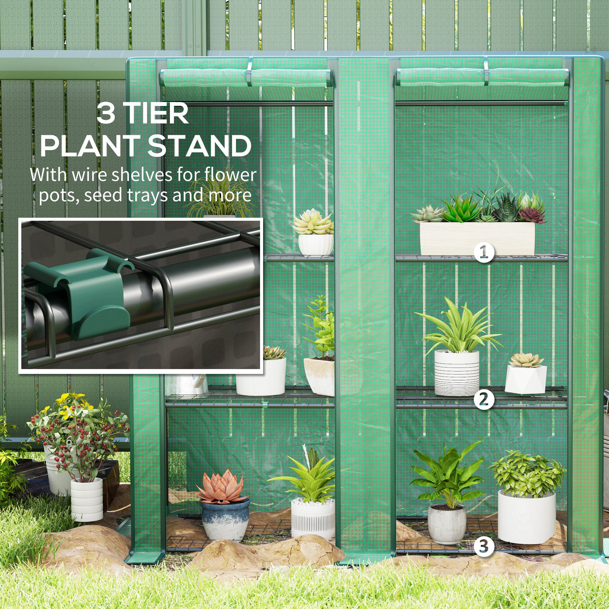 greenhouse plant stands indoor Lean-to Greenhouse with 3 Tier Shelves, Portable Greenhouse with PE Cover, 2 Roll-Up Doors, 56.7" x 18.9" x 59.8" CoSoTower