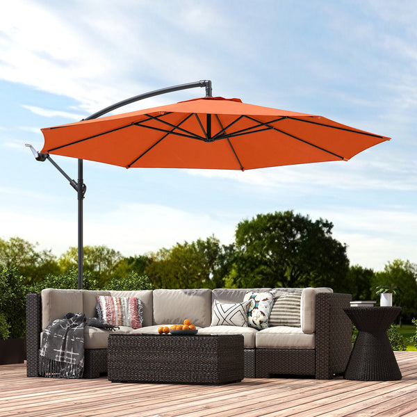 3(m) Garden Banana Parasol Hanging Cantilever Umbrella with Crank Handle, 8 Ribs and Cross Base for Outdoor, Sun Shade, Orange