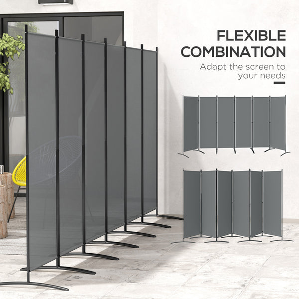 6 Panel Folding Room Divider, Freestanding Privacy Screen Wall with Wide Feet, Portable Paravent Partition Separator for Offices, Balcony, Outdoor Garden, Hot Tub, 332 x 172 cm, Dark Grey