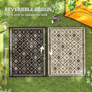 Outsunny Reversible Outdoor Rug, 9' x 12' Waterproof Plastic Straw Floor Mat, Portable RV Camping Carpet, Large Floor Mat for Backyard, Deck, Picnic, Beach, Black & Beige Rhombus