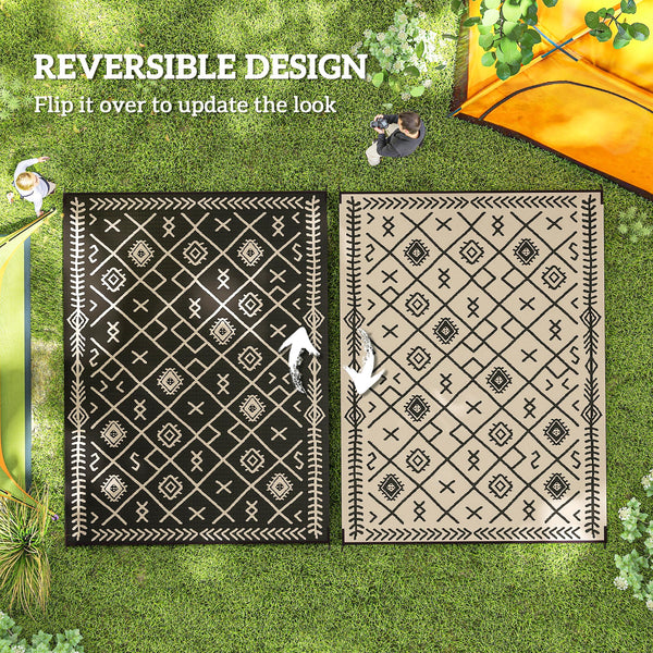 Outsunny Reversible Outdoor Rug, 9' x 12' Waterproof Plastic Straw Floor Mat, Portable RV Camping Carpet, Large Floor Mat for Backyard, Deck, Picnic, Beach, Black & Beige Rhombus