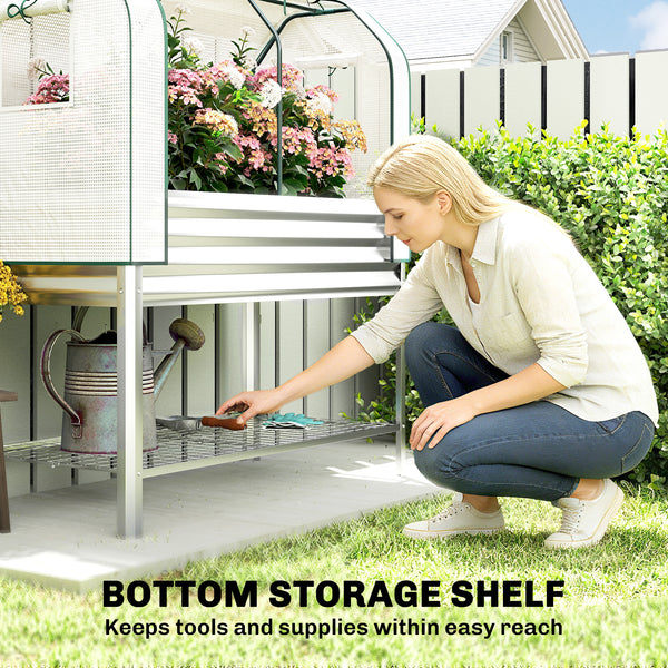 Galvanised Raised Garden Bed with Greenhouse Cover, Metal Elevated Garden Bed with Legs, Bed Liner and Bottom Shelf, Outdoor Raised Planter Box for Vegetables, Herbs, Flowers, Silver
