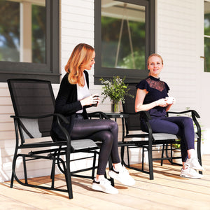 Double Patio Glider Chair with Glass Top Center Table, Outdoor Glider Loveseat with High Back,  All Weather Breathable Mesh Fabric for Garden, Backyard, Deck, Black