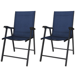 Folding Garden Chairs Set of 2, Foldable Garden Dining Chairs with High Back and Armrests, Breathable Texteline Folding Outdoor Chair Set with Metal Frame for Patio, Balcony, Navy Blue
