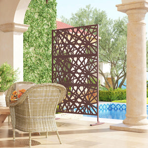 Metal Outdoor Privacy Screen, 78" x 48" Freestanding Outdoor Divider with Stand, Decorative Privacy Panel with Labyrinth Cut-out Design for Garden Patio, Dark Brown