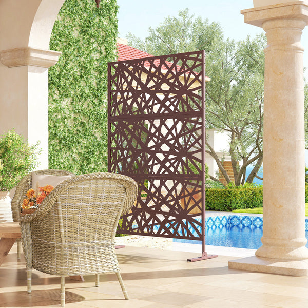 Metal Outdoor Privacy Screen, 78" x 48" Freestanding Outdoor Divider with Stand, Decorative Privacy Panel with Labyrinth Cut-out Design for Garden Patio, Dark Brown