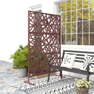 Metal Outdoor Privacy Screen, 78" x 48" Freestanding Outdoor Divider with Stand, Decorative Privacy Panel with Labyrinth Cut-out Design for Garden Patio, Dark Brown
