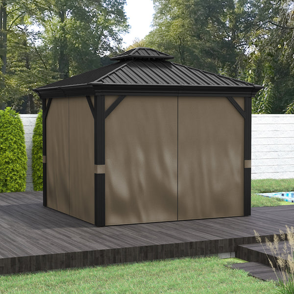 10' x 10' Hardtop Gazebo with Curtains and Netting, Permanent Pavilion Metal Double Roof Gazebo Canopy with Aluminum Frame and Hooks, for Garden, Patio, Backyard, Dark Brown
