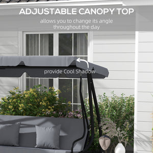 Outsunny 3-Seat Outdoor Patio Swing Chair, Converting Flatbed, Outdoor Swing Glider with Adjustable Canopy, Removable Cushion and Pillows, for Porch, Garden, Poolside, Backyard, Dark Gray