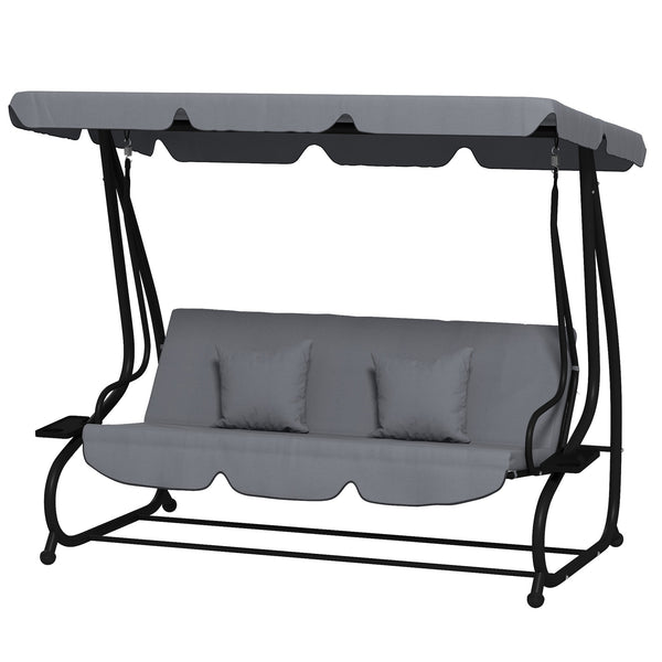 Outsunny 3-Seat Outdoor Patio Swing Chair, Converting Flatbed, Outdoor Swing Glider with Adjustable Canopy, Removable Cushion and Pillows, for Porch, Garden, Poolside, Backyard, Dark Gray