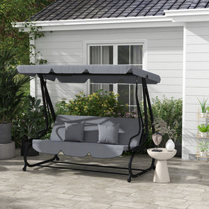 Outsunny 3-Seat Outdoor Patio Swing Chair, Converting Flatbed, Outdoor Swing Glider with Adjustable Canopy, Removable Cushion and Pillows, for Porch, Garden, Poolside, Backyard, Dark Gray