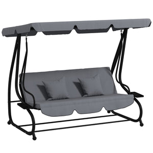 Outsunny 3-Seat Outdoor Patio Swing Chair, Converting Flatbed, Outdoor Swing Glider with Adjustable Canopy, Removable Cushion and Pillows, for Porch, Garden, Poolside, Backyard, Dark Gray