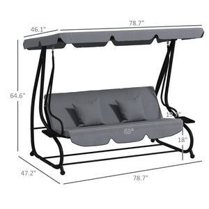 Outsunny 3-Seat Outdoor Patio Swing Chair, Converting Flatbed, Outdoor Swing Glider with Adjustable Canopy, Removable Cushion and Pillows, for Porch, Garden, Poolside, Backyard, Dark Gray