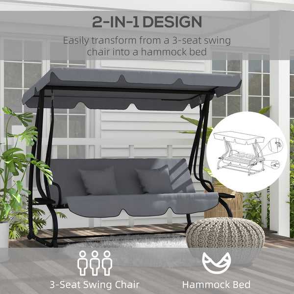 Outsunny 3-Seat Outdoor Patio Swing Chair, Converting Flatbed, Outdoor Swing Glider with Adjustable Canopy, Removable Cushion and Pillows, for Porch, Garden, Poolside, Backyard, Dark Gray