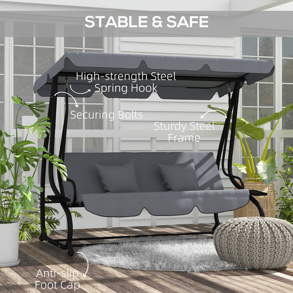 Outsunny 3-Seat Outdoor Patio Swing Chair, Converting Flatbed, Outdoor Swing Glider with Adjustable Canopy, Removable Cushion and Pillows, for Porch, Garden, Poolside, Backyard, Dark Gray