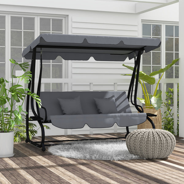 Outsunny 3-Seat Outdoor Patio Swing Chair, Converting Flatbed, Outdoor Swing Glider with Adjustable Canopy, Removable Cushion and Pillows, for Porch, Garden, Poolside, Backyard, Dark Gray