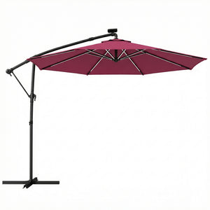 3 m Garden Cantilever Parasol with LED Solar Light, Round Overhanging Umbrella with 6-Position 360° Rotation, Crank Handle, Tilt, Cover, Banana Patio Umbrella for Outdoor Sun Shade, Wine Red