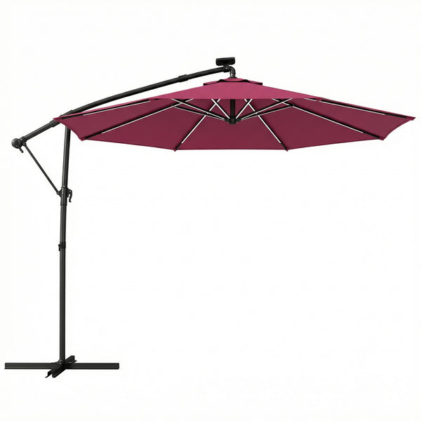 3 m Garden Cantilever Parasol with LED Solar Light, Round Overhanging Umbrella with 6-Position 360° Rotation, Crank Handle, Tilt, Cover, Banana Patio Umbrella for Outdoor Sun Shade, Wine Red