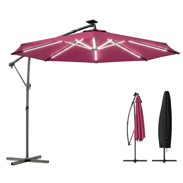 3 m Garden Cantilever Parasol with LED Solar Light, Round Overhanging Umbrella with 6-Position 360° Rotation, Crank Handle, Tilt, Cover, Banana Patio Umbrella for Outdoor Sun Shade, Wine Red