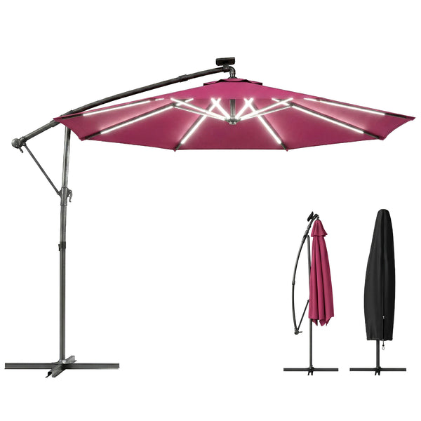 3 m Garden Cantilever Parasol with LED Solar Light, Round Overhanging Umbrella with 6-Position 360° Rotation, Crank Handle, Tilt, Cover, Banana Patio Umbrella for Outdoor Sun Shade, Wine Red